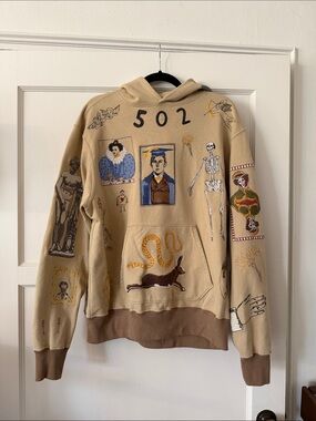 Samuel Zelig Gallery 001 Men's Beige Graphic Hoodie Sweatshirt Embroidered